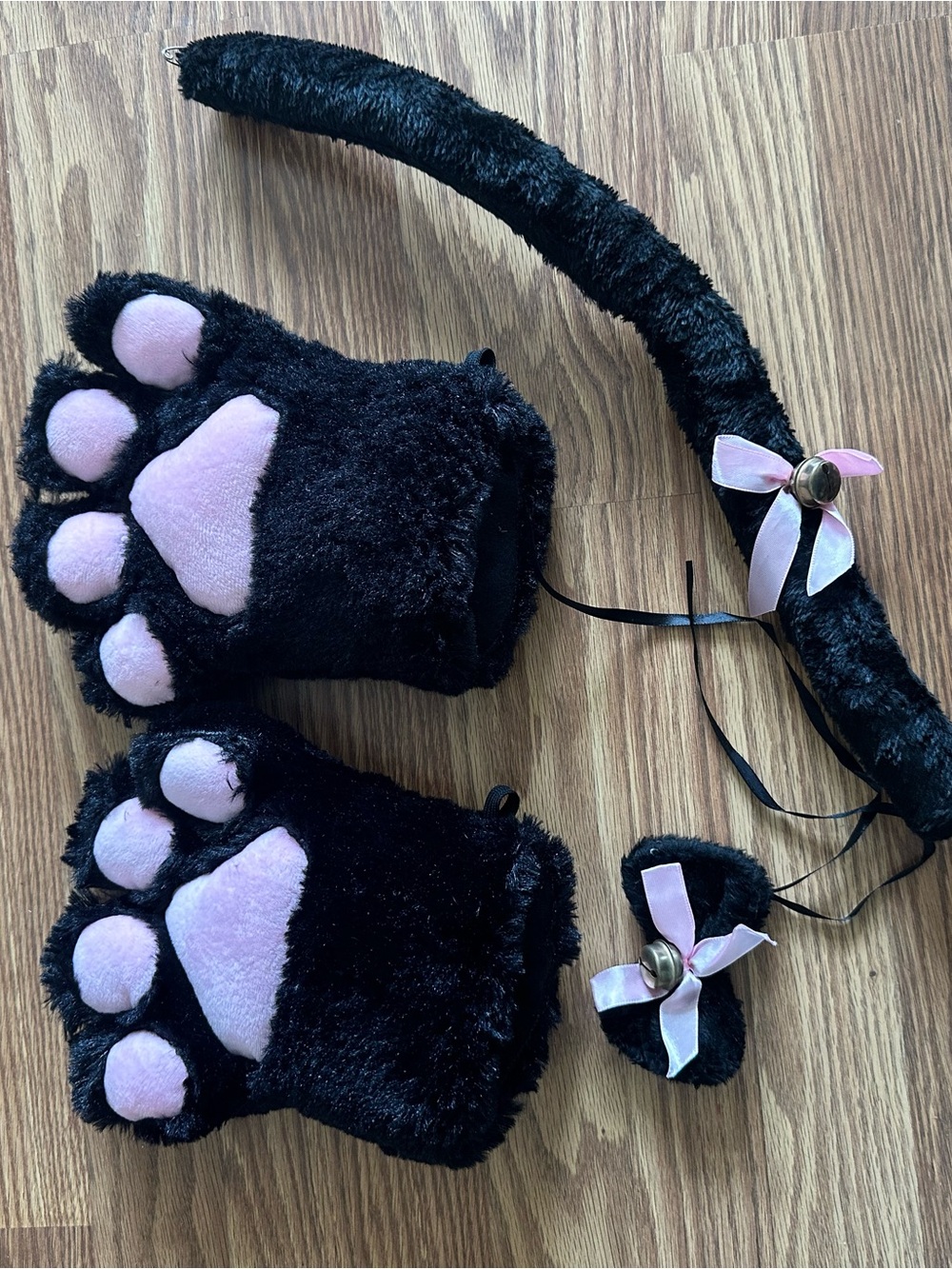 Adult Black Plush Cat Paw Gloves, Tail & Ear Set with Pink Pads